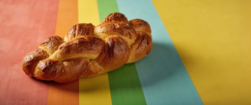 Freshly baked braided challah on a bright rainbow colored surface