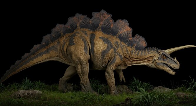 Full length view of Ceratosaurus with distinctive snout horns at night
