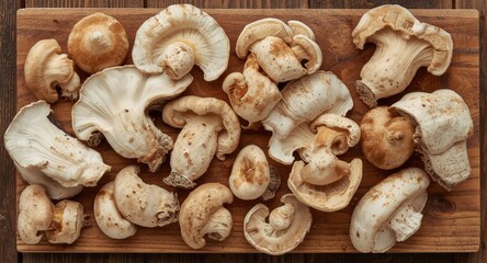 Fototapeta premium Organic Grifola frondosa mushrooms arranged on wooden board