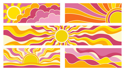 Obraz premium Groovy retro sun illustrations with wavy rays, abstract warm gradients and vintage psychedelic shapes for boho posters, decorative wallpapers and creative vector design