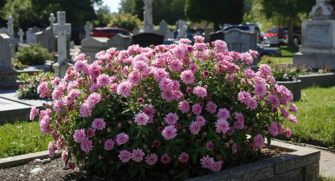 Pink chrysanthemums in full bloom on graves at sunny Christian cemetery with copy space