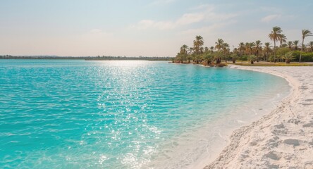 Fototapeta premium Idyllic turquoise lake bordered by white salt fields adjacent to a serene oasis