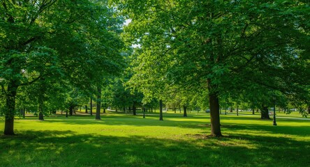 Fototapeta premium Serene summer park with vibrant green trees and gentle sunlight