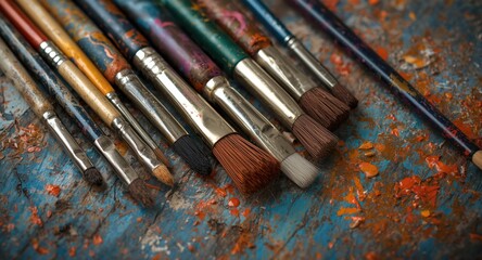 Fototapeta premium Close up of mixed paintbrushes lying flat on a rustic table