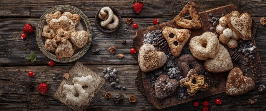 Hearty display of Italian donut cookies like amaretti and cuneo arranged on vintage wooden table