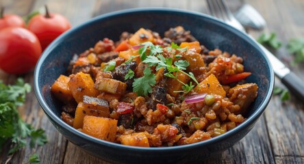 Fototapeta premium Delicious vegan jambalaya featuring smoked vegetables and roasted sweet potato