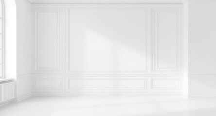 Fototapeta premium Clean white interior wall adorned with decorative molding and plenty of copy space