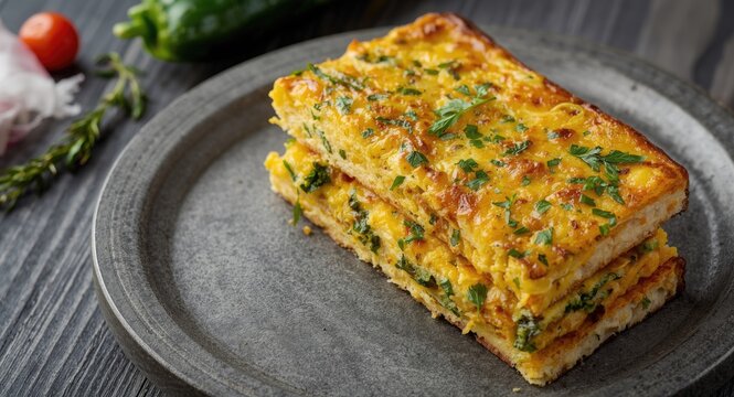 Frittata sandwich featuring Italian herbs and zucchini with copy space area