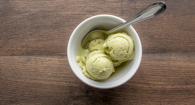 Flat overhead photo of pistachio ice cream in white ceramic bowl with spoon and scooper on wooden background