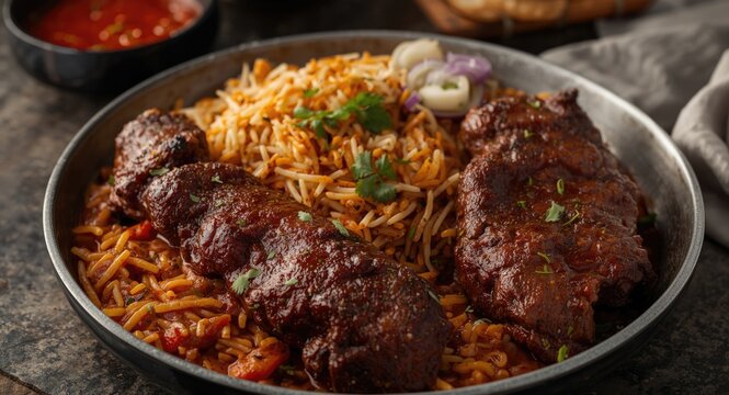 Hearty beef biryani and kabab with reserved copy space for website header text