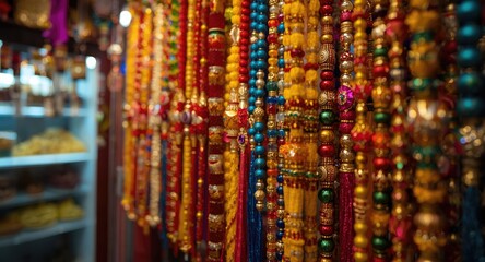 Obraz premium Multicolored rakhis featured in brightly lit Rakshabandhan festival shop interior