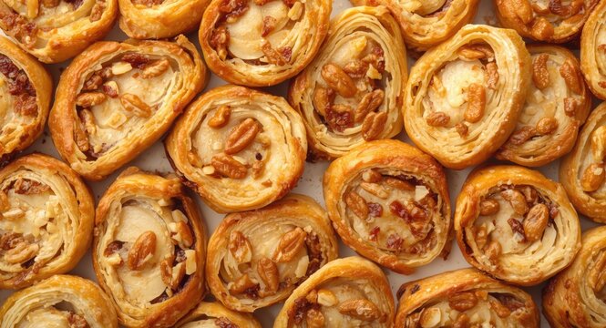 Detailed texture of sliced apple nut raisin strudels presented against white backdrop