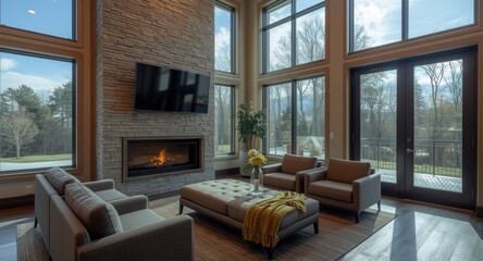 Obraz premium Contemporary lounge area with high windows and wood burning fireplace