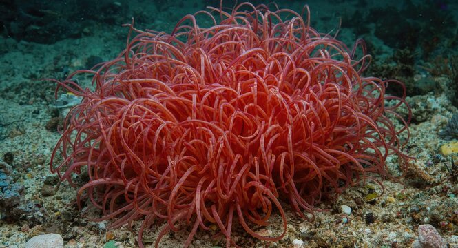 Ocean floor macro view of venomous red fireworms during scuba exploration
