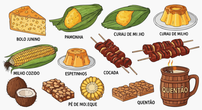 A colorful vector graphic illustration of traditional Brazilian foods and desserts in white background.