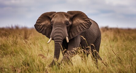 Fototapeta premium Magnificent male elephant trumpeting in the wild grassland