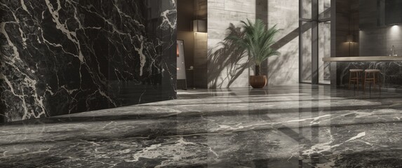 Modern luxurious stone design using glossy limestone and natural black breccia marble tiles