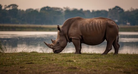Obraz premium Majestic Indian rhinoceros enjoying serene lakeshore at dusk in its natural kingdom