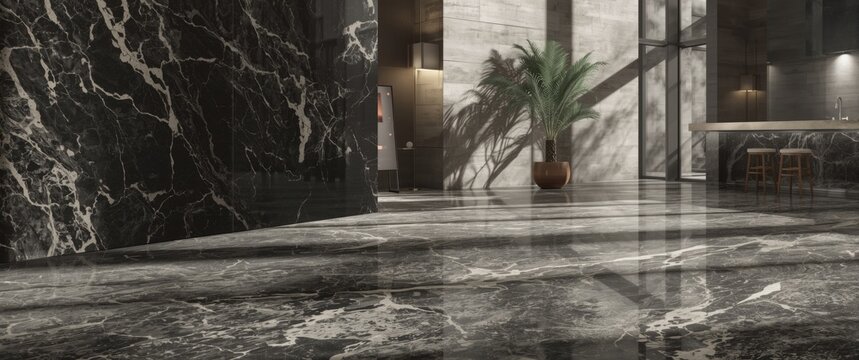 Modern luxurious stone design using glossy limestone and natural black breccia marble tiles