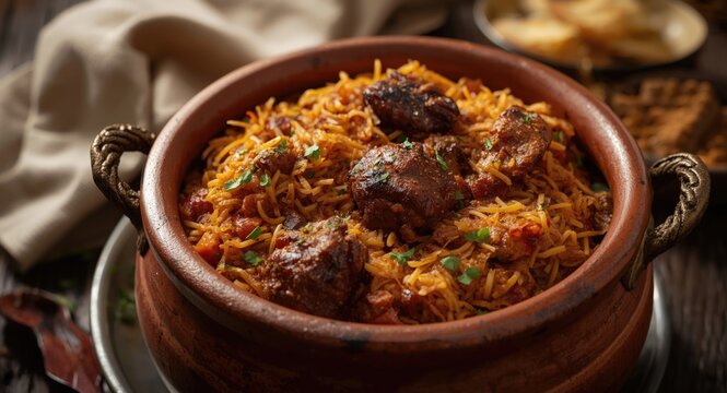 Richly spiced Dum Handi Biryani with mutton in clay cooking pot