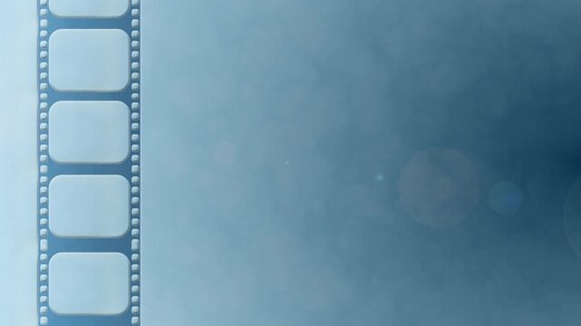 old 35mm cinema film reel strip border running vertically down the left side of the screen with a spotlight lit moody smoky background fog with copy space for titles and graphics