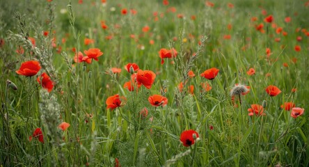 Obraz premium Lush rural meadow filled with scarlet poppies symbolizing war tribute