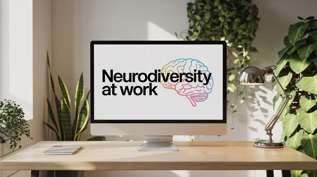 Clean desk with monitor displaying text "Neurodiversity at work" rainbow brain and indoor plants
