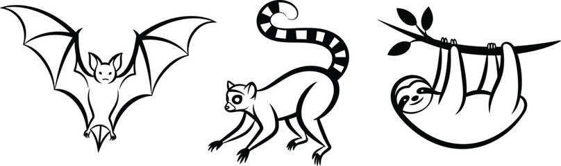Fototapeta premium Collection of three simple black and white outline style icons featuring a bat a ring tailed lemur and a hanging sloth