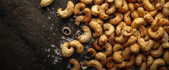 Obraz premium Roasted cashews sprinkled with salt and copy space for adding text