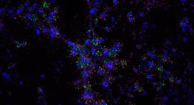 Fluorescent microscopic view showing brain glial cells with GFAP and DAPI markers