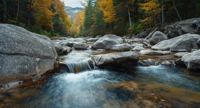 Relaxing clear water gently flowing over smooth rocks with vibrant trees in a peaceful mountain setting