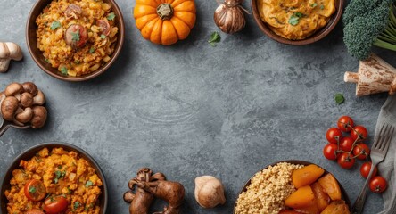 Fototapeta premium Mushroom and pumpkin vegetarian vegetable dishes styled on studio photo background with copy space