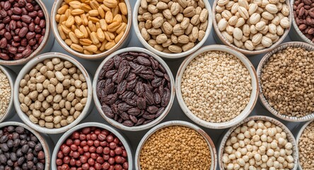 Naklejka premium Assorted uncooked legumes and grains displayed in ceramic cups promoting clean nutrition
