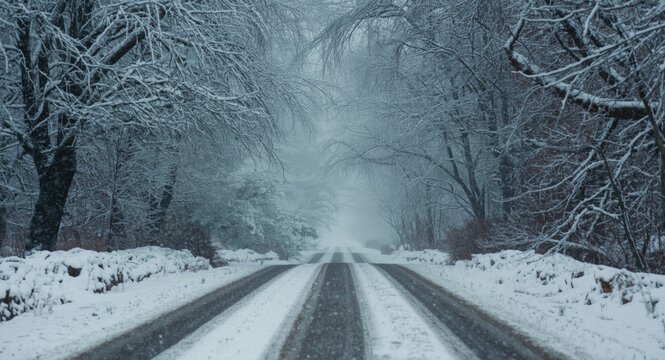 Snow swept road framed by icy trees under heavy winter snowfall