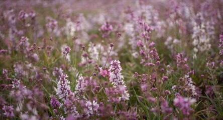 Fototapeta premium Scenic flower pasture filled with various pink and white plants highlighted by purple shades and a soft blur effect