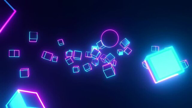 Tracking slow motion pan of neon glowing cubes and sphere floating and rotating in dark abstract studio space