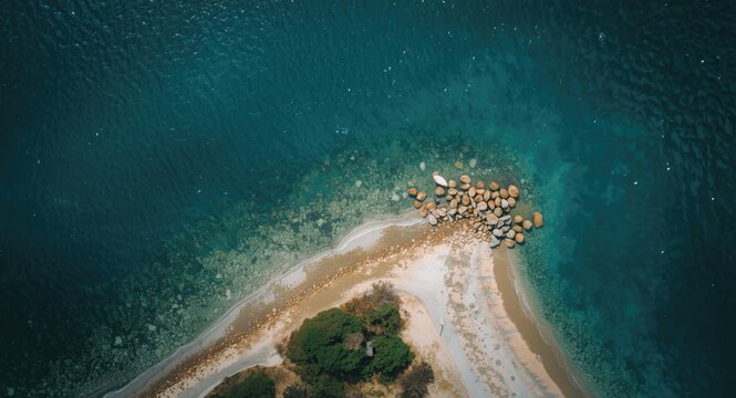 Overhead capture of a popular sandy promontory and sea vista