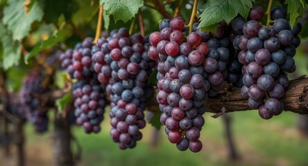Fototapeta premium Red grenache grape clusters collected from vines during harvest time
