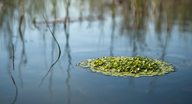 Floating Wolffia Globosa water meal creating lush green patches in wetland