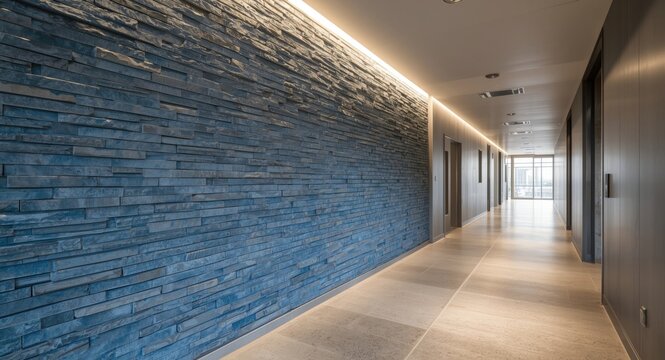 Modern architectural hallway with a full length bluestone wall feature