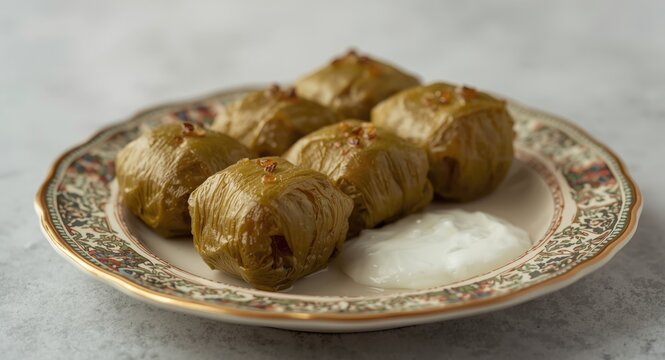 Middle Eastern grape leaf wrapped dolma with rice and yogurt complement