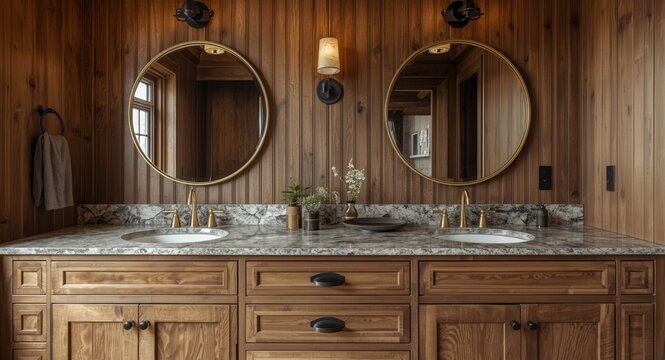 Rustic bathroom with wood vanity and circular mirrors highlighted by gold and black fixtures on granite counter