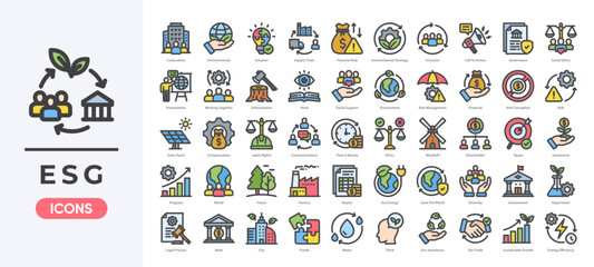 Fototapeta premium ESG icon set featuring sustainability, environmental impact, social responsibility, and corporate governance icon. Simple linear color vector.