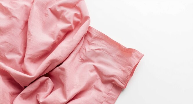 Folded pink kitchen linen fabric placed on white background viewed from top