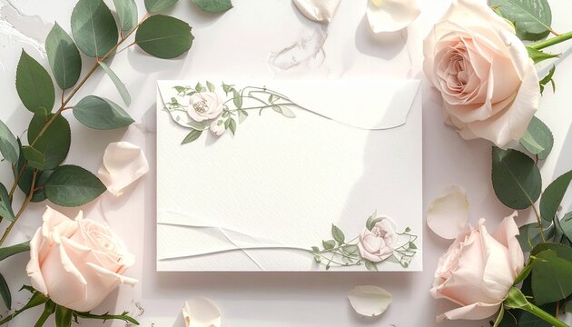 Wedding invitation with roses and greenery, soft lighting, top view