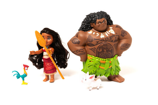 Moana and Maui characters with Hei Hei rooster and Pua pig toy set studio shot