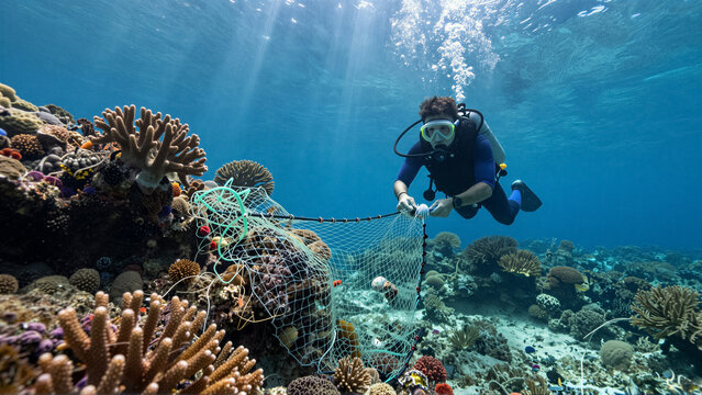 Scuba diver removing a discarded fishing net from a coral reef to protect marine life. Underwater ocean cleanup and environmental conservation effort in tropical water