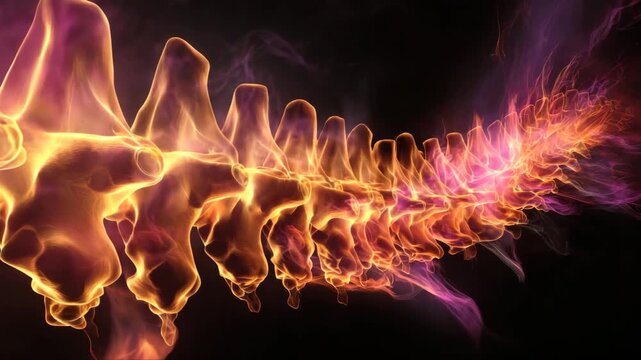Abstract representation of a human spine with glowing vertebrae and colorful energy waves flowing along the length, set against a dark background