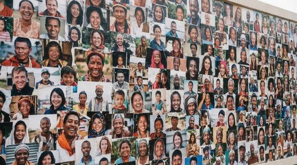 Fototapeta premium Wall covered in many faces representing diverse people from different cultures and backgrounds, showcasing community and connection