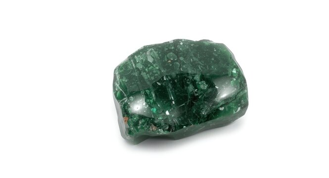 Green nephrite rock sample photographed on a plain white photographic background